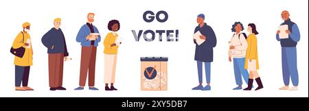 folla diversificata in fila per votare. Presenta persone di vario genere nel processo democratico. Illustrazione Vettoriale