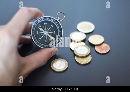 Primo piano di un mans mano che tiene una bussola nella sua mano. Concetto per il business, per l'innovazione Foto Stock