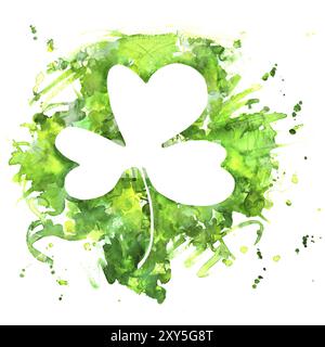 Un disegno ad acquerello di shamrock, un trifoglio irlandese, con una texture grunge e copia di spazio, un modello di progettazione per un il giorno di San Patrizio biglietto di auguri o i Foto Stock