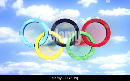 Simbolo degli anelli olimpici sullo sfondo blu del cielo illustrazione 3D concettuale Foto Stock