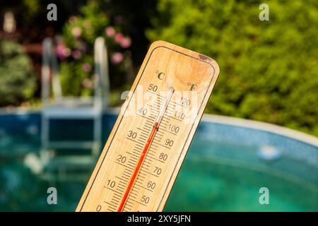 Termometro che visualizza le alte temperature estive sullo sfondo della piscina Foto Stock