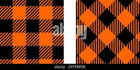 Stampa a scacchi per Halloween o il giorno del Ringraziamento. Texture Vichy nera e arancione. Design in tessuto per picnic autunnale, coperta, tovagliolo o tovaglia. Illustrazione piatta vettoriale. Illustrazione Vettoriale