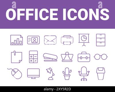 Set di icone Office. vettore delle icone di office. icone elementi ufficio Illustrazione Vettoriale