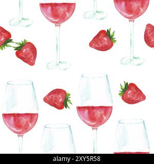 Un acquerello di seamless pattern con un disegno di un bicchiere di vino rosato con una fragola, ripetere la stampa su sfondo bianco Foto Stock