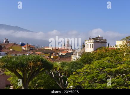 Vista di la Orotava dal Liceo de Taoro, Teide sullo sfondo, Tenerife, Isole Canarie, Spagna, Europa Foto Stock