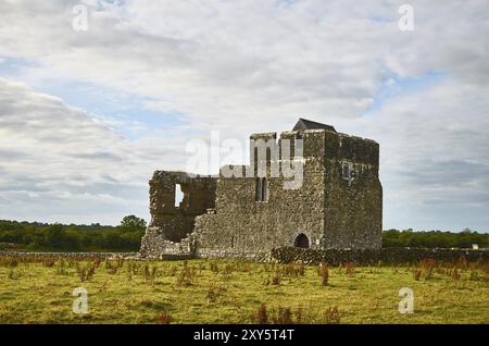 Celtica irlandese concetto del paesaggio. Rovine medievali di un tempio build di calcare. Muro di pietra intorno a posto. Destinazione di viaggio Foto Stock