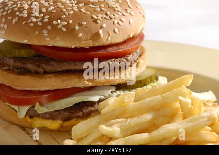 Stuzzicanti hamburger e patatine fritte su un piatto, cibo natura morta su sfondo bianco Foto Stock