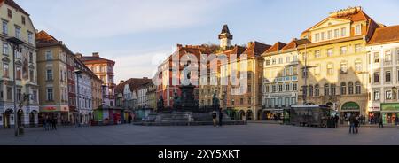 Austria, 20.01.2019: Panorama, Statua fontana di fronte al municipio di Graz, facciate dipinte in Austria e Torre dell'orologio nel centro storico di Graz, Foto Stock