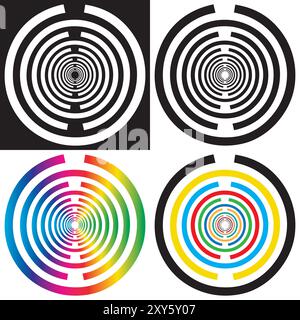 Antenna di risonanza oscillatore multionda, emettitore a onda scalare per l'armonizzazione - Design vettoriale - colori nero e arcobaleno - Set di 4 icone Illustrazione Vettoriale