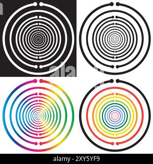 Antenna a risonatore oscillatore multionda, emettitore a onda scalare per l'armonizzazione - Design vettoriale - Set multicolore di 4 icone Illustrazione Vettoriale