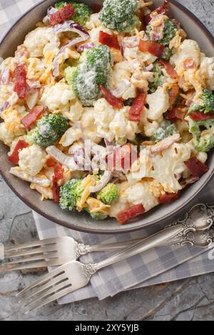 Insalata fresca di cavolo con broccoli, cavolfiore, pancetta, formaggio cheddar e cipolla rossa condita con maionese o panna acida da da vicino in una ciotola sulla ta Foto Stock