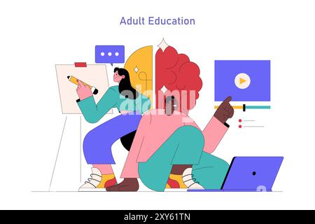 Concetto di apprendimento per adulti. Persone diverse impegnate in educazione creativa e digitale. Apprendimento permanente, abilità artistiche, risorse online. Illustrazione vettoriale. Illustrazione Vettoriale