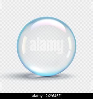 Realistica bolla di sapone trasparente con tinta blu. Goccia di acqua limpida. Illustrazione vettoriale 3D. Illustrazione Vettoriale