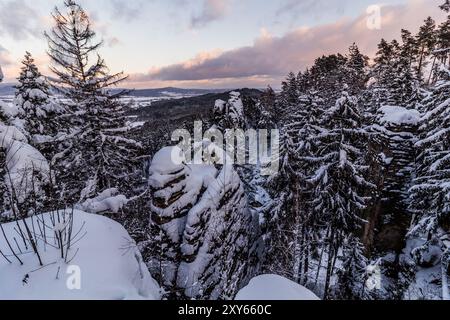 Vista invernale delle rocce di Prachovske ricoperte di neve nella regione di Cesky raj (Paradiso ceco), Repubblica Ceca Foto Stock