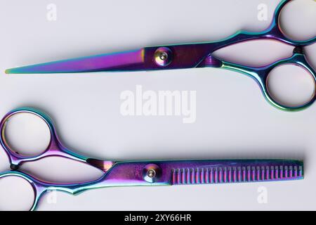 colpo inciso dall'alto di due forbici da barbiere posizionate centralmente su una superficie bianca. Le linee pulite e nitide delle forbici sono messe in risalto Foto Stock