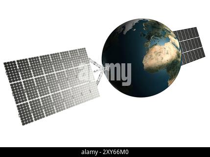 Pianeta Terra con pannelli solari attaccati ad esso. Concetto di fonti energetiche sostenibili. Isolato su bianco Foto Stock