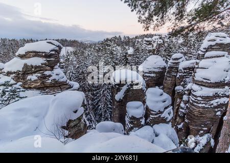 Vista invernale delle rocce di Prachovske ricoperte di neve nella regione di Cesky raj (Paradiso ceco), Repubblica Ceca Foto Stock