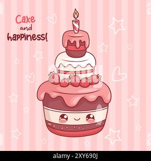 Dolce di compleanno carina. Divertente panificio cremoso con fragole, con gocce che gocciolano glassa di frutta e candela festiva. Carta con personaggio dei cartoni animati kawaii su p Illustrazione Vettoriale