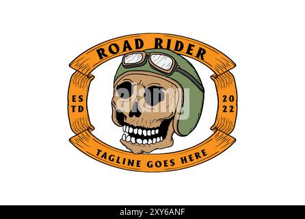 Teschio retrò Vintage con casco per logo logo logo Moto Biker Club Design Illustrazione Vettoriale