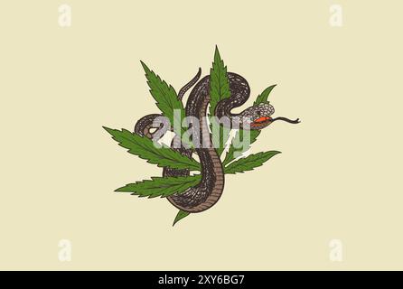 Foglia retrò Vintage Cannabis marijuana con Cobra Viper Mamba Snake per Tattoo Design Vector Illustrazione Vettoriale