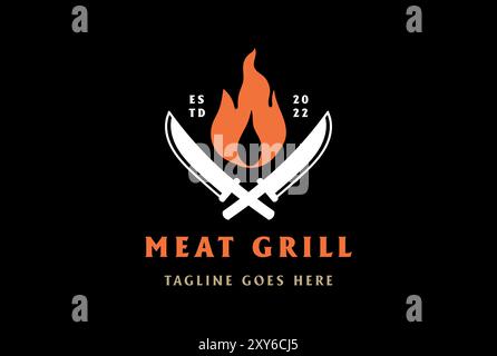 Coltello incrociato vintage con fiamma per barbecue grill carne con logo Vector Illustrazione Vettoriale