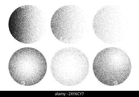 Regola la forma della sfera con grana a punti e il pennello sfumato a mezzitoni. palline tratteggiate astratte vettoriali 3d con diversi gradi di granulosità, dai cerchi rotondi completi alla metà con effetto sabbia Illustrazione Vettoriale