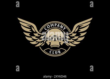 Testa ossea con teschio retrò vintage con ali per logo del club motociclistico emblema con logo Vector Illustrazione Vettoriale