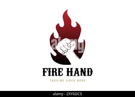 Potente pugno a mano con logo Fire Flame Design Vector Illustrazione Vettoriale