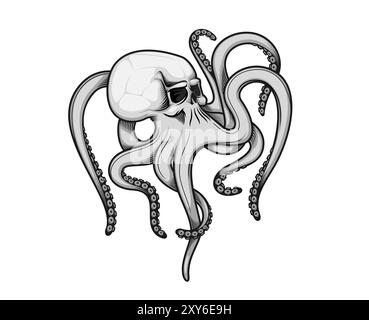 Tatuaggio teschio di polpo con tentacoli in schizzo doodle per l'arte della morte, emblema vettoriale. Polpo sott'acqua o mostro kraken con teschio per club bikers o badge o t shirt per band hard rock Illustrazione Vettoriale