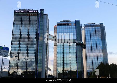 Göteborg, Svezia - 26 agosto 2018: Gothia Towers a Gothenburg, Svezia. I grattacieli sono parte dell'esposizione svedese e il centro congressi. Foto Stock