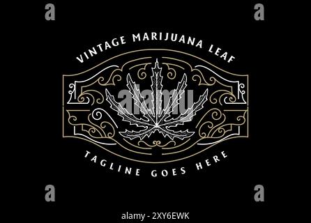 Foglia di cannabis retrò vintage con ornamento per canapa CBD Oil Badge Emblem Label Logo Design Illustrazione Vettoriale