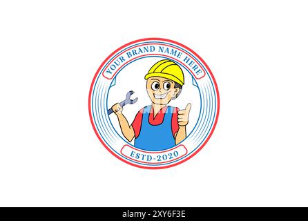 Lavoratore idraulico meccanico ingegnere Mascotte Cartoon Character per Fix Service Logo Design Vector Illustrazione Vettoriale