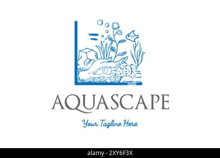 Vasca per pesci con legno di corallo di roccia e alghe per acquario Aquascape Logo Design Illustrazione Vettoriale