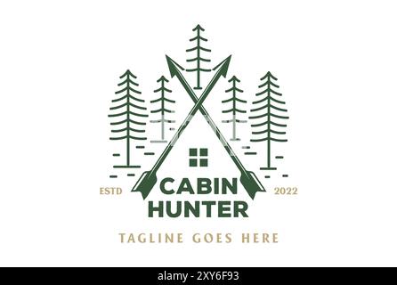 Pine Evergreen Spruce Conifer Larch Fir Forest con Arrow House Chalet Cabin Cottage per Hunting Club Logo Design Illustrazione Vettoriale