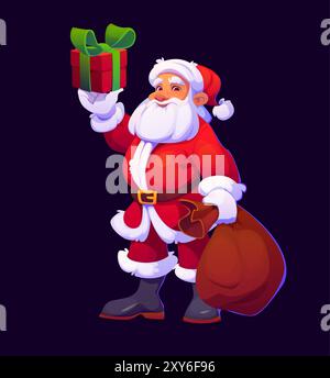 Personaggio di Babbo Natale cartoni animati con regalo natalizio. Babbo Natale, isolato e gioioso, indossato con un tradizionale abbigliamento rosso, regala un regalo natalizio con un fiocco verde, trasuda allegria festosa e festeggiamenti Illustrazione Vettoriale