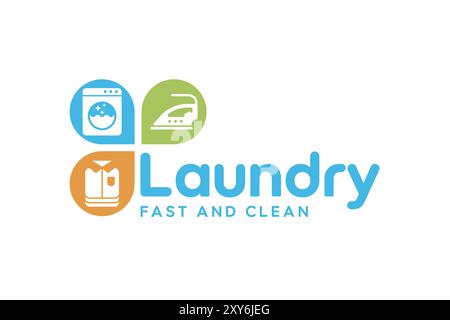 Modello del logo del servizio di lavanderia creativo. Icona lavatrice, ferro da stiro e abiti piegati Illustrazione Vettoriale