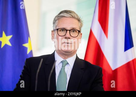 Berlino, Germania. 28 agosto 2024. Sir Keir Starmer, primo Ministro del Regno Unito, parla ad una conferenza stampa congiunta con il Cancelliere Scholz a seguito di un incontro alla Cancelleria Federale. Crediti: Christoph Soeder/dpa/Alamy Live News Foto Stock