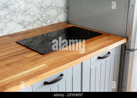 Piano di appoggio in legno naturale con piano cottura elettrico incorporato. Piccola cucina minimalista con armadietti grigi. Foto Stock