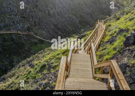 Splendida passerella in legno nella valle dell'Alferce, Algarve, a sud del Portogallo Foto Stock