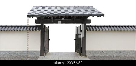 Recinzione di stile giapponese e cancelli di legno aperti. Isolato su bianco Foto Stock