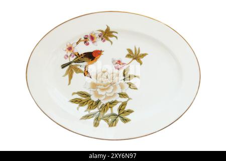 Piastra con un motivo di uccello isolato su sfondo bianco. Piatto ovale in ceramica. Stoviglie. Vista dall'alto. Foto Stock