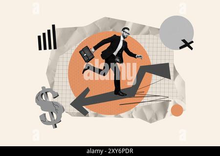 Collage fotografico composito di serio uomo d'affari corsa freccia punto declino problema inflazione dollaro isolato su sfondo dipinto Foto Stock