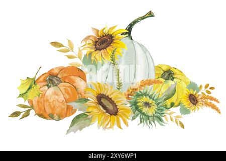 Illustrazione acquerello composizione autunnale con girasoli, zucche, ramoscelli e foglie. Acquerello disegnato a mano per la progettazione. Foto Stock