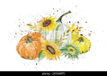 Illustrazione acquerello composizione autunnale con girasoli, zucche, ramoscelli e foglie. Acquerello disegnato a mano per la progettazione. Foto Stock