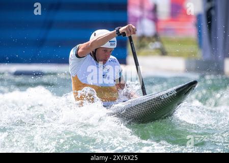 Vaires Sur Marne, Frankreich. 29 luglio 2024. SAVSEK Benjamin (Slowenien), fra, Olympische Spiele Paris 2024, Kanuslalom, Herren Canadier C1, 29.07.2024 foto: Eibner-Pressefoto/Michael Memmler credito: dpa/Alamy Live News Foto Stock