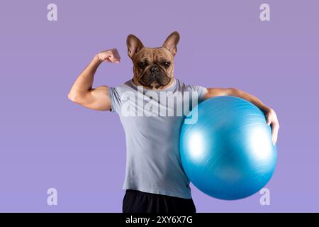 Bulldog francese con corpo umano flette Bicep tenendo esercitazione palla Foto Stock