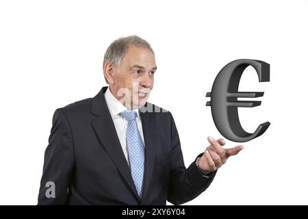 Uomo in qualità di funzionario pubblico, rappresentante, avvocato o venditore con il simbolo dell'euro Foto Stock