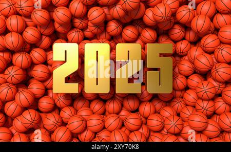 Text 2025 nel bel mezzo di un sacco di palle da basket - carta Capodanno - rendering 3D. Foto Stock