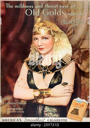 Pubblicità di sigarette d'oro vecchie, Claudette Colbert a Cleopatra, 1934 Foto Stock