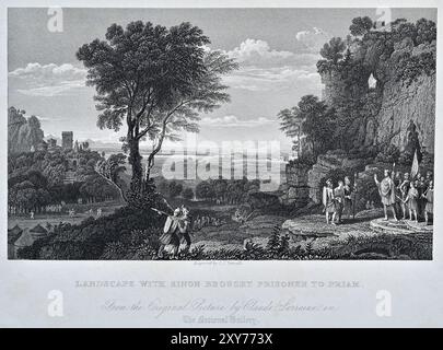 Greek Mythology, Landscape with Sinon brought Prisoner to Priam, originale di Claude Lorraine, inciso da John Charles Varrall, c1835 Foto Stock